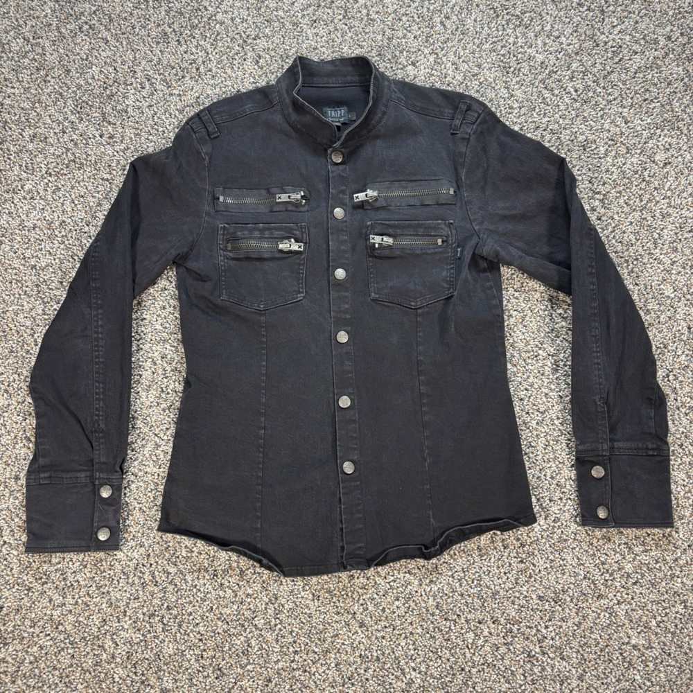 Tripp NYC Men's L Black Gothic Military Biker Jacket Button Down Skull Buttons